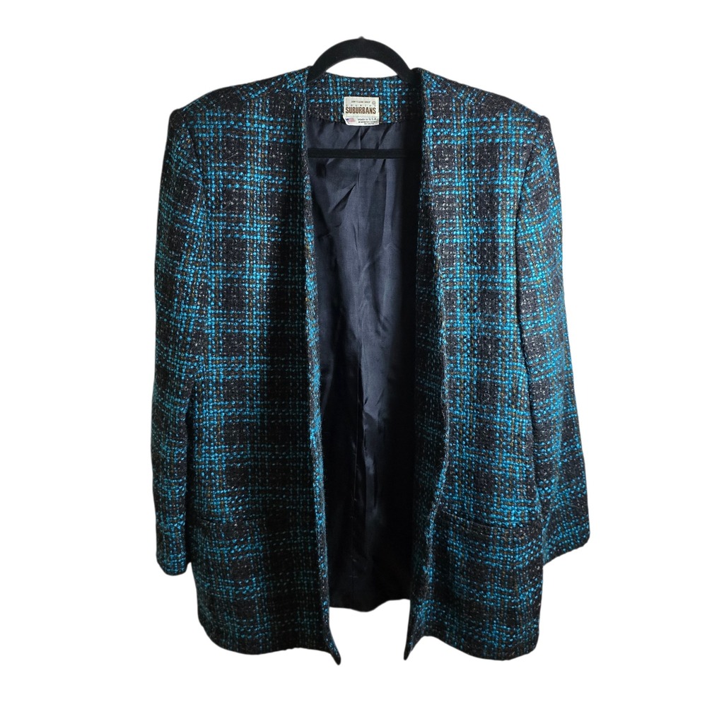 Vintage Country Suburbans Wool Tweed Blazer Womens M L Blue Plaid USA Made - Picture 3 of 8